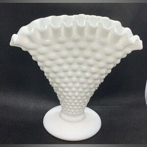 Vintage Fenton Art Glass Fan Vase Milk Glass Hobnail MCM Decor